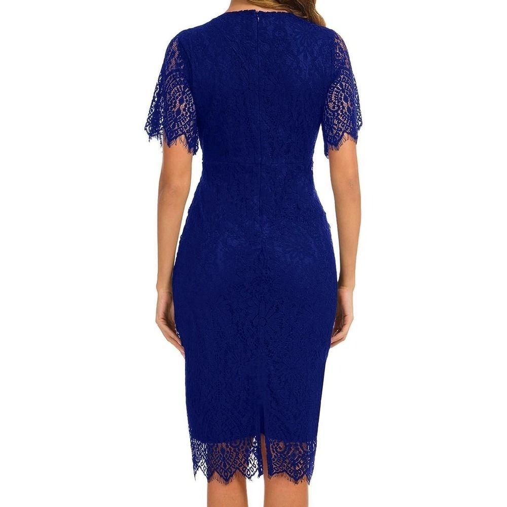 MSLG Royal Blue Lace Sheath Dress Short Sleeve Floral Midi Cocktail Wedding
